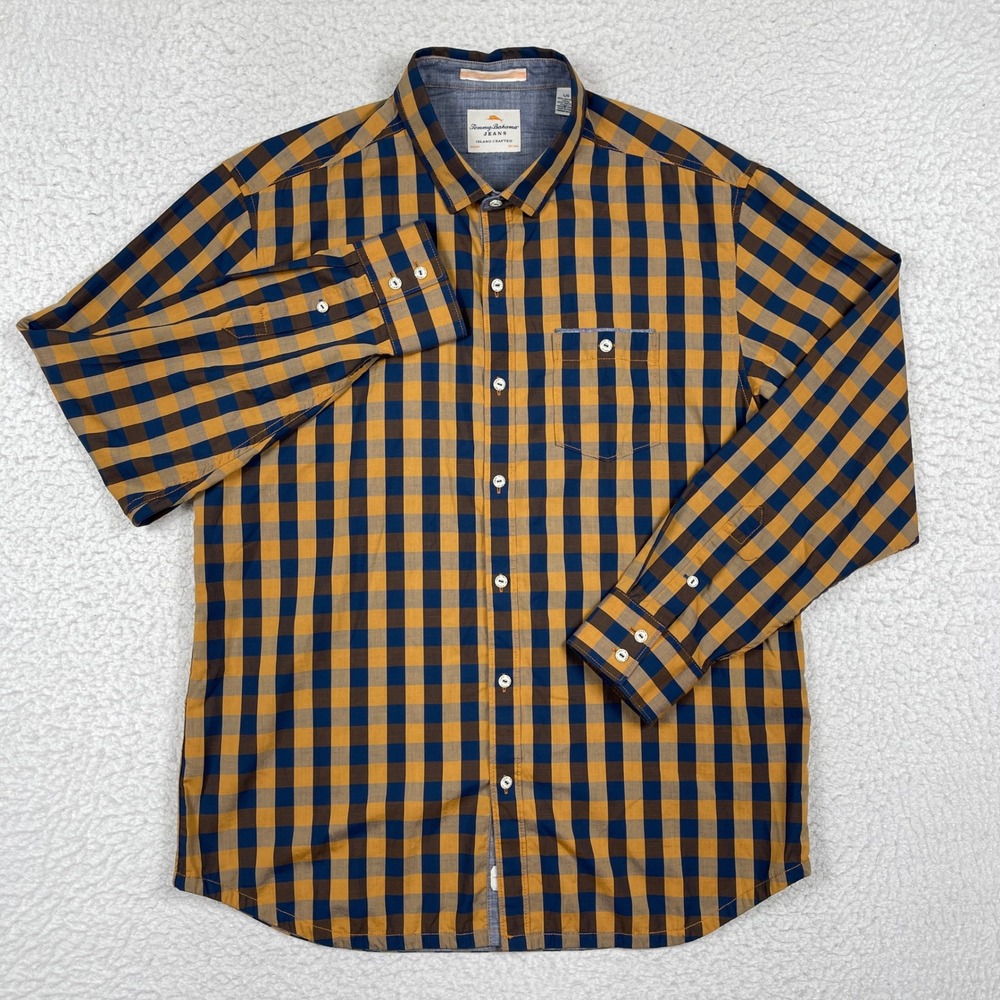 Tommy Bahama Button Down Mens L Orange Blue Gingham Check Coastal Casual Preppy